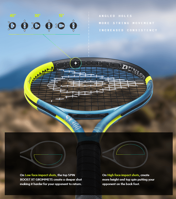 Spin Boost XT Grommets | Angled Holes, More String Movement, Increased Consistency | On Low face impact shots, the top SPIN BOOST XT GROMMETS create a deeper shot making it harder for your opponent to return. On High face impact shots, create more height and top spin putting your opponent on the back foot.